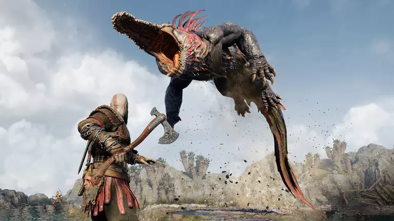 God of War Ragnarok Kratos fights with Crocodile in Combat Arena
