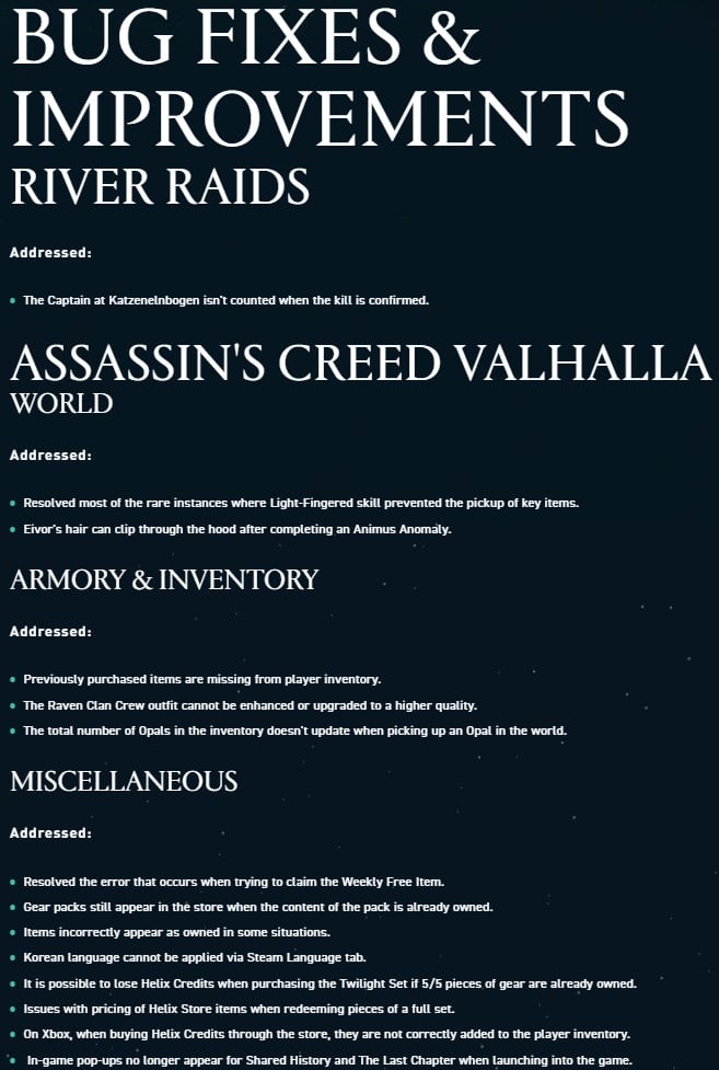 Assassin's Creed Valhalla Patch Notes